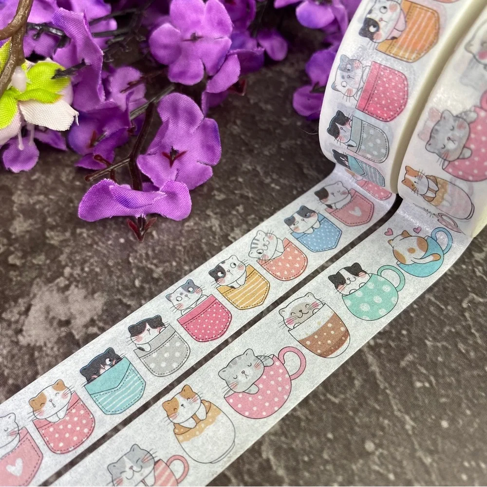 Kitty Cats In Pockets and Coffee Mugs, Washi Tape, Set Of 2 Rolls - Picture 1 of 9